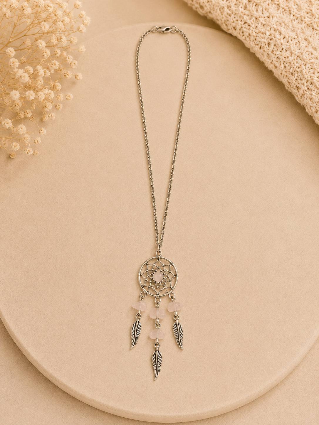 Traumfänger Kette mit Rosenquarz – Edelstahl Halskette | Dreamcatcher Anhänger | Naturstein Schmuck | Boho Kette | 50 cm