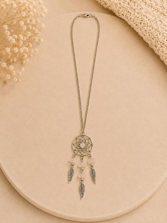 Traumfänger Kette mit Rosenquarz – Edelstahl Halskette | Dreamcatcher Anhänger | Naturstein Schmuck | Boho Kette | 50 cm