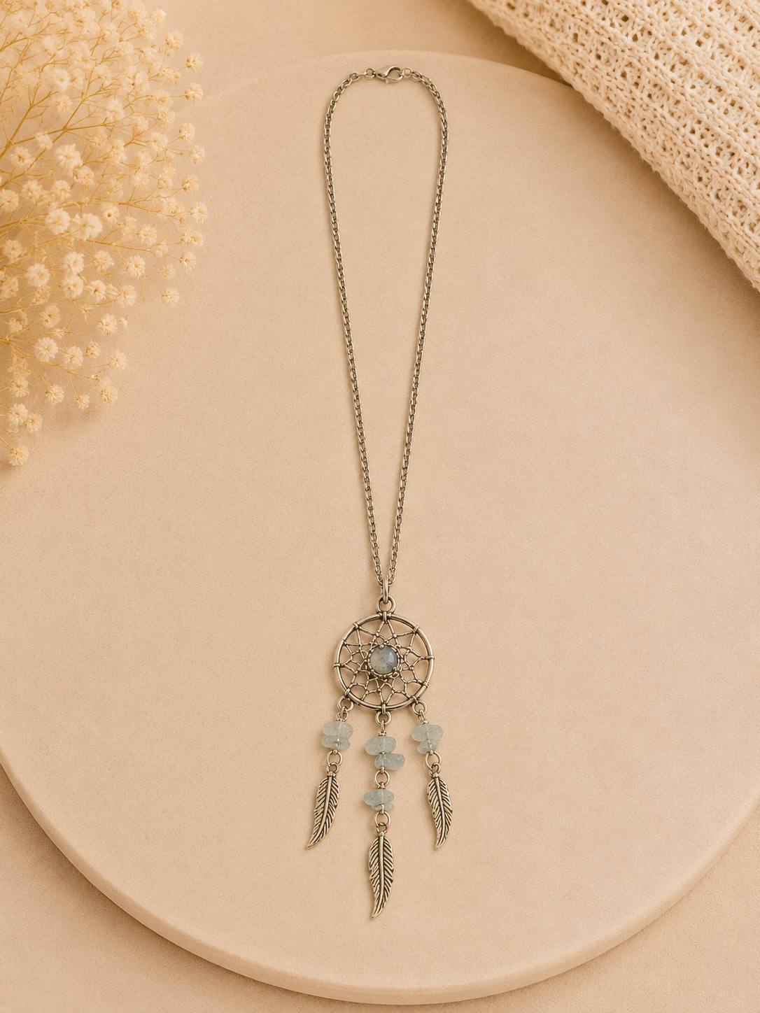 Traumfänger Kette mit Aquamarin – Edelstahl Halskette | Dreamcatcher Anhänger | Naturstein Schmuck | Boho Kette | 50 cm