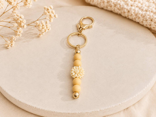 Blumen Schlüsselanhänger Beige – Edelstahl & Silikon Taschenanhänger | Gänseblümchen Anhänger 15 cm