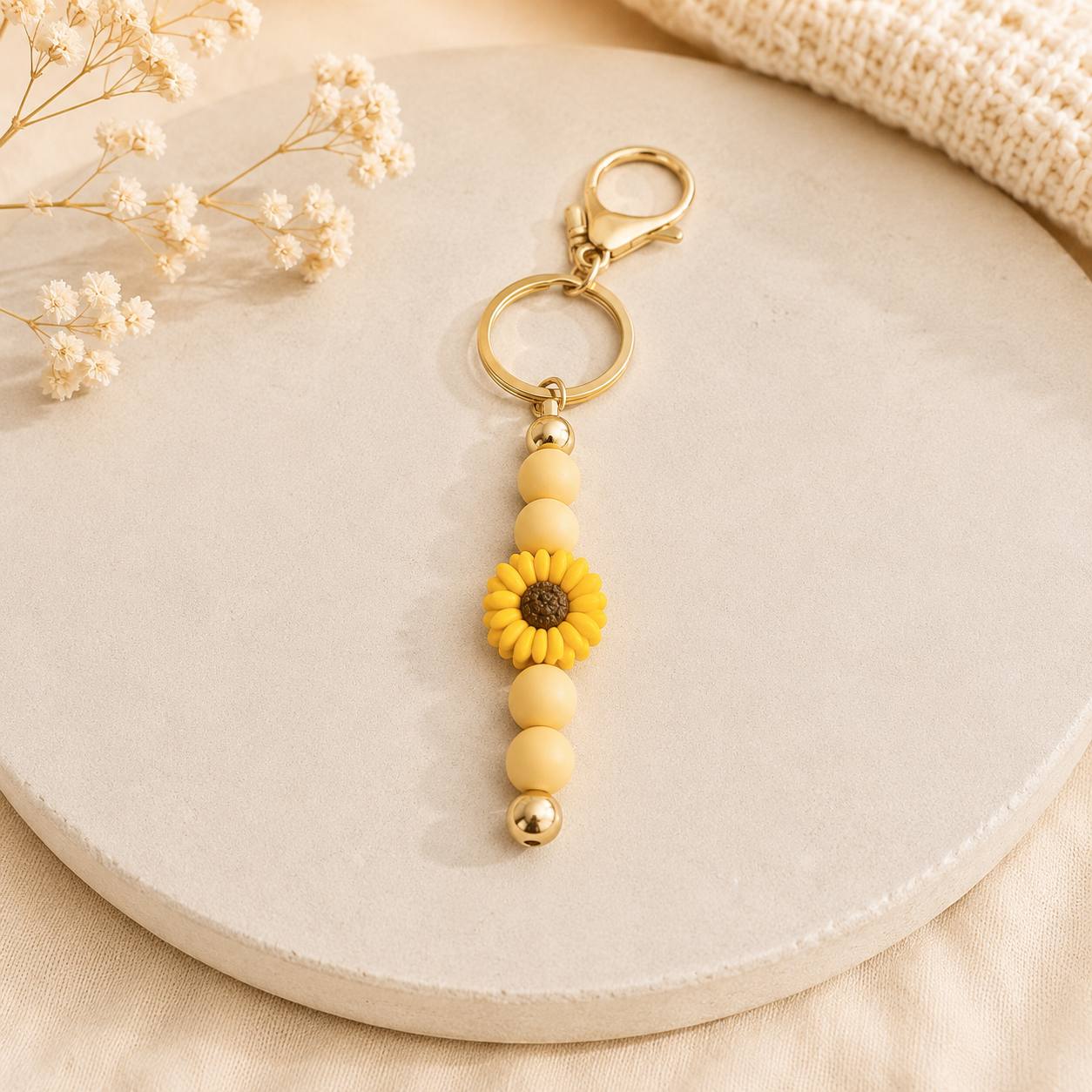 Sonnenblumen Schlüsselanhänger – Edelstahl & Silikon Taschenanhänger | Boho Schlüsselanhänger Gelb 15 cm