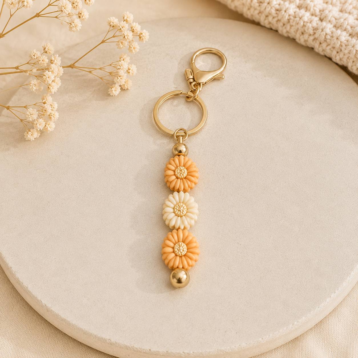Blumen Schlüsselanhänger Boho – Margeriten Taschenanhänger aus Edelstahl & Silikon | Handgefertigt 15 cm