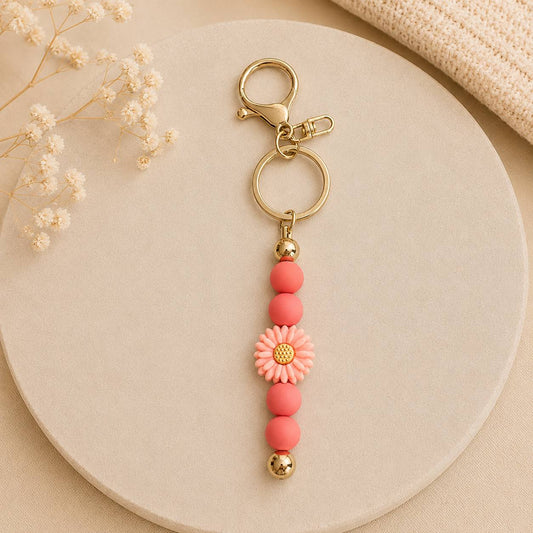 Boho Schlüsselanhänger Blume Rosa – Taschenanhänger aus Edelstahl & Silikon | Handgefertigt 15 cm