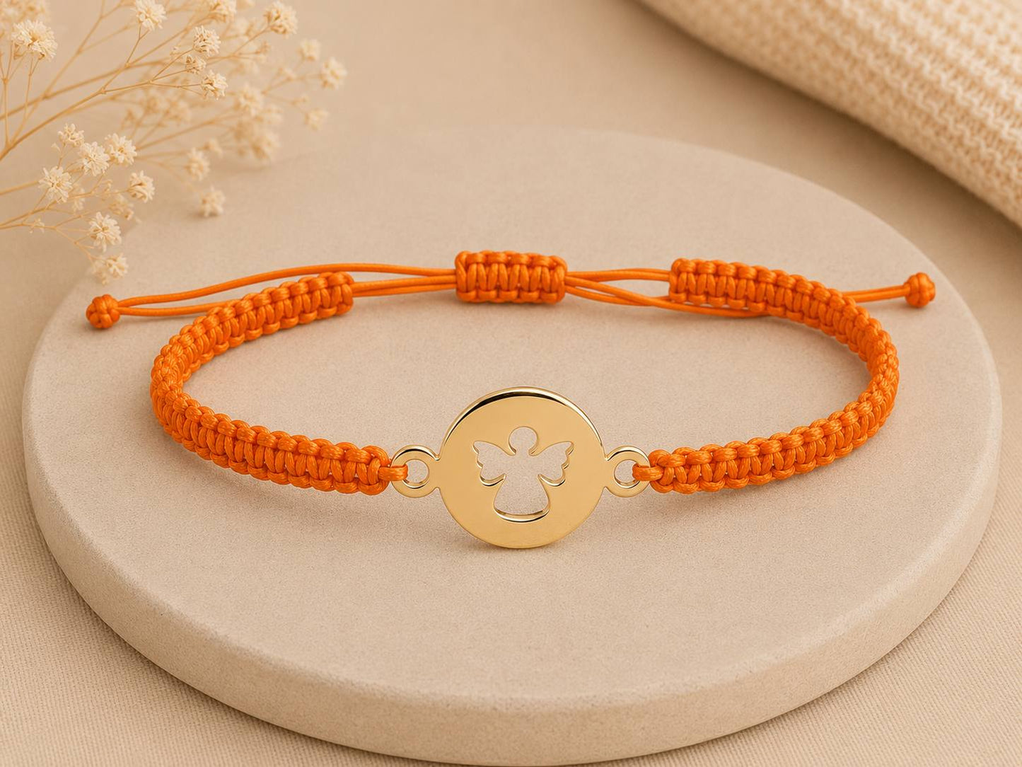 Makramee Armband Schutzengel Gold – Verstellbares Edelstahl Armband | 38 Bandfarben & 5 Größen