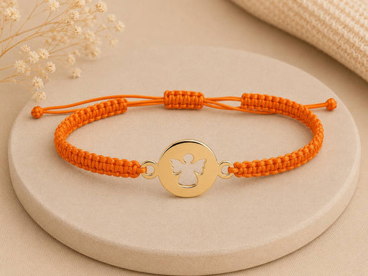 Makramee Armband Schutzengel Gold – Verstellbares Edelstahl Armband | 38 Bandfarben & 5 Größen