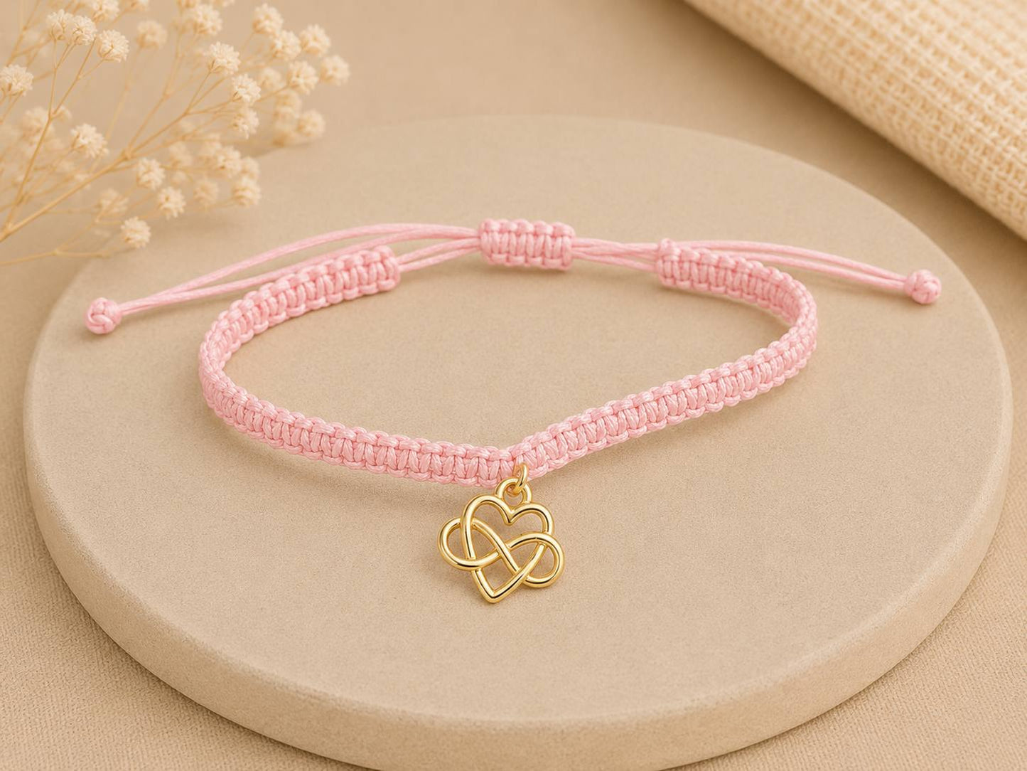 Makramee Armband Unendlichkeitsherz Gold – Verstellbares Edelstahl Armband | 38 Bandfarben & 5 Größen