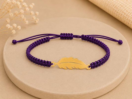 Makramee Armband Feder Gold – Verstellbares Edelstahl Armband | 38 Bandfarben & 5 Größen