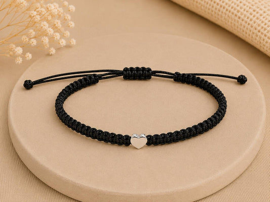 Makramee Armband Herz Silber – Verstellbares Edelstahl Armband | 38 Bandfarben & 5 Größen