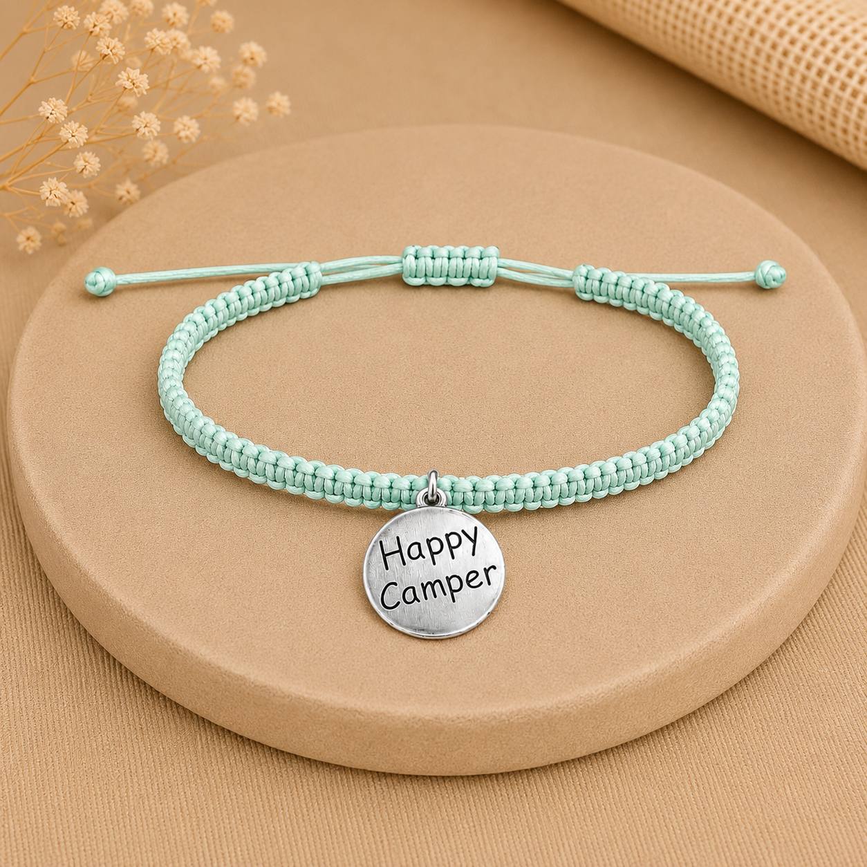 Makramee Armband Happy Camper Silber – Verstellbares Edelstahl Armband | 38 Bandfarben & 5 Größen