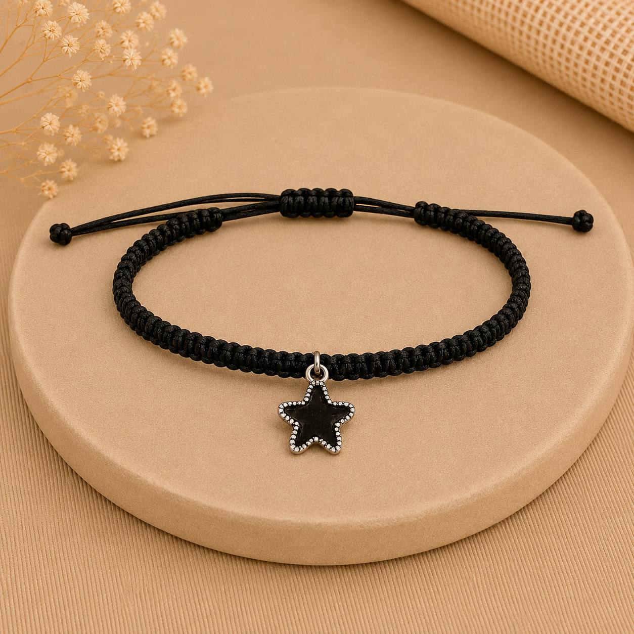 Makramee Armband Stern Silber – Verstellbares Edelstahl Armband | 38 Bandfarben & 5 Größen