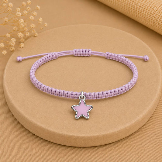 Makramee Armband Stern Flieder Silber – Verstellbares Edelstahl Armband | 38 Bandfarben & 5 Größen