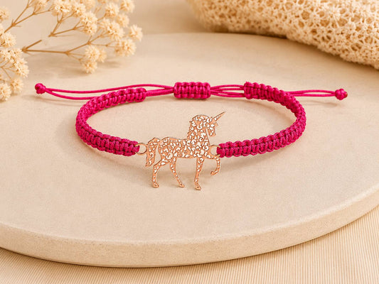Makramee Armband Einhorn Roségold – Personalisierbares Wunscharmband aus Edelstahl | Verstellbares Freundschaftsarmband | Handmade