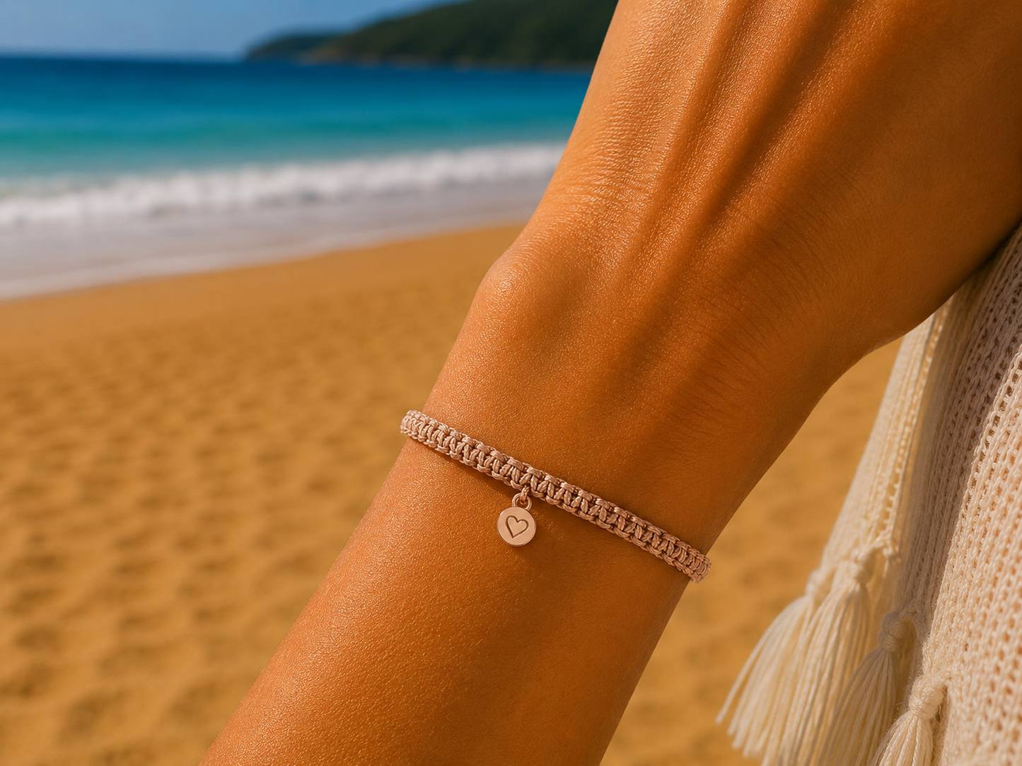 Makramee Armband Herz Roségold – Filigranes Wunscharmband aus Edelstahl | Verstellbares Freundschaftsarmband | Handmade