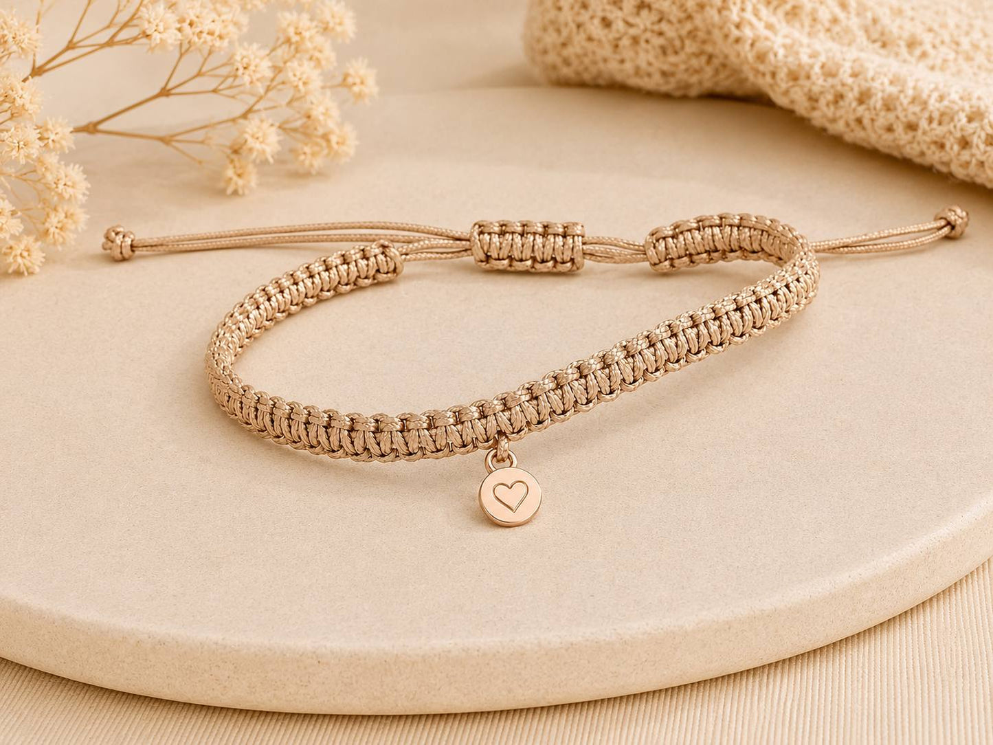 Makramee Armband Herz Roségold – Filigranes Wunscharmband aus Edelstahl | Verstellbares Freundschaftsarmband | Handmade