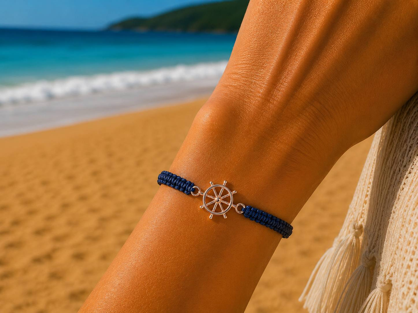Makramee Armband Steuerrad Roségold – Maritimes Wunscharmband aus Edelstahl | Verstellbares Segelarmband | Handmade