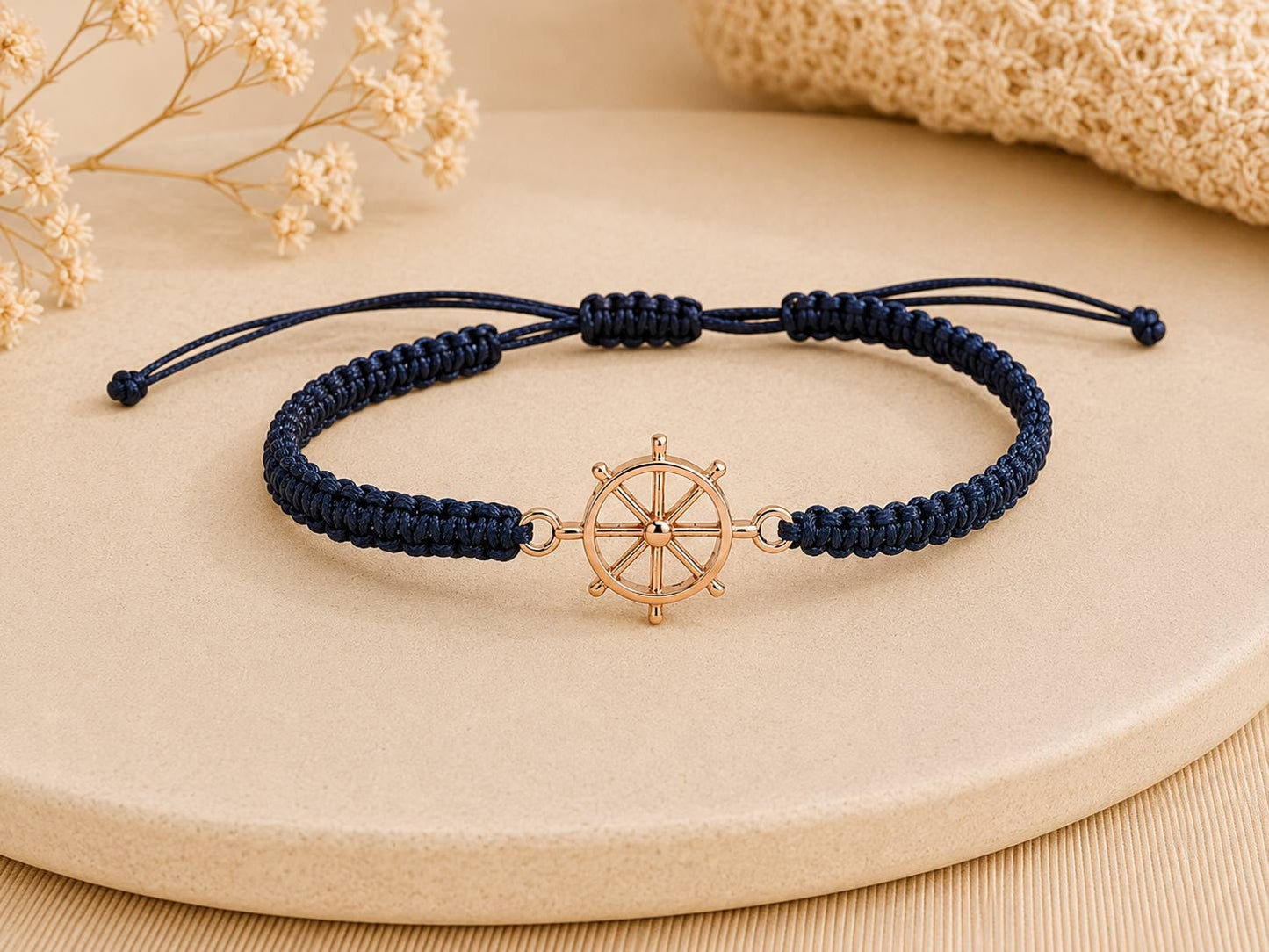 Makramee Armband Steuerrad Roségold – Maritimes Wunscharmband aus Edelstahl | Verstellbares Segelarmband | Handmade