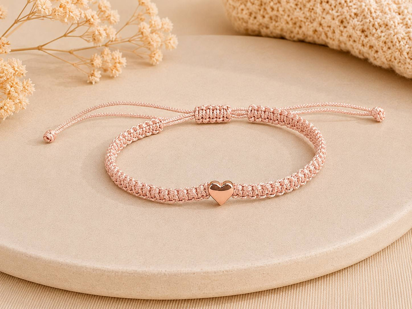 Makramee Armband Herz Roségold – Elegantes Wunscharmband aus Edelstahl | Verstellbares Freundschaftsarmband | Handmade