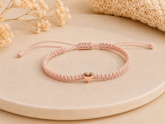 Makramee Armband Herz Roségold – Elegantes Wunscharmband aus Edelstahl | Verstellbares Freundschaftsarmband | Handmade