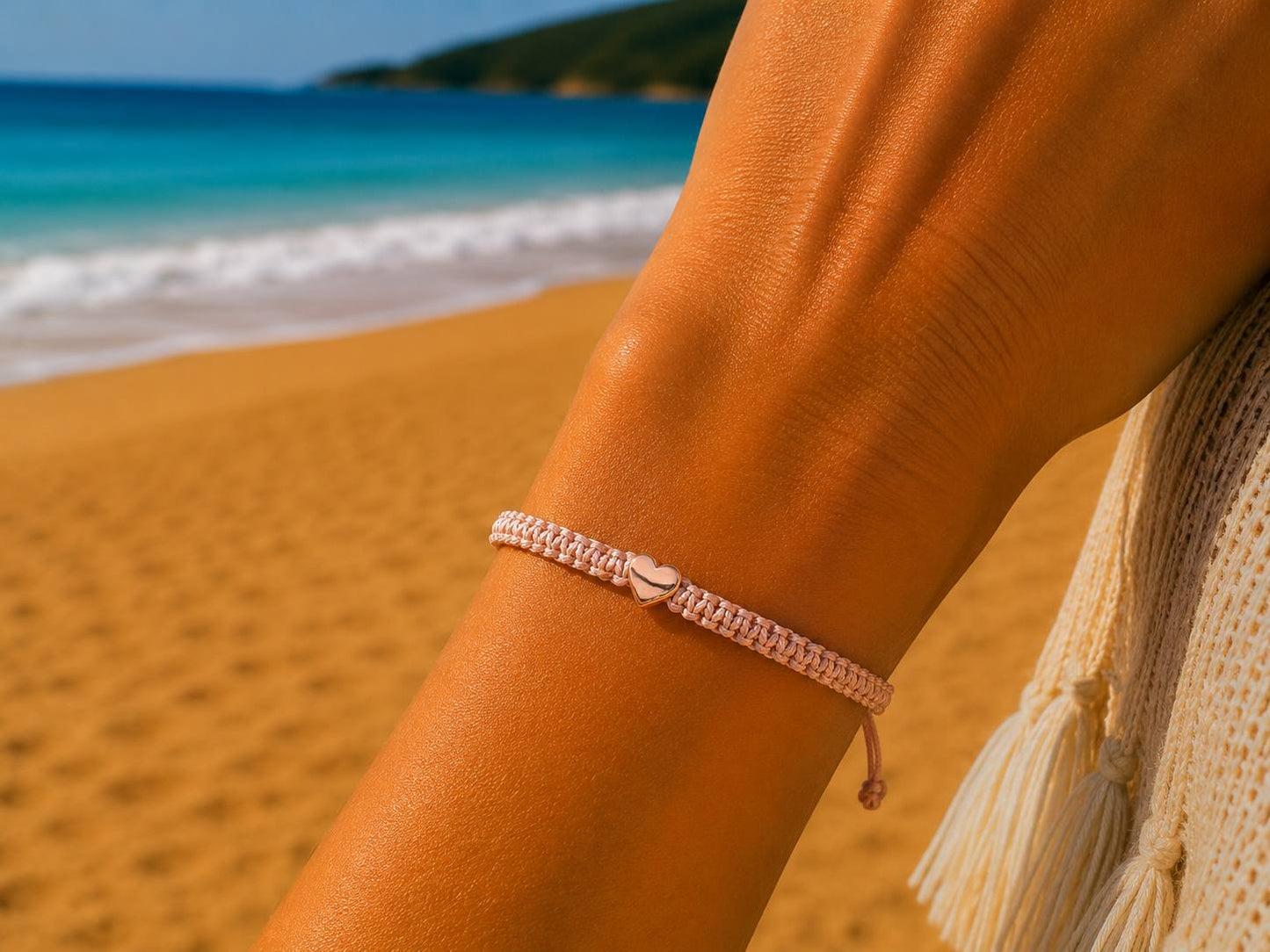 Makramee Armband Herz Roségold – Elegantes Wunscharmband aus Edelstahl | Verstellbares Freundschaftsarmband | Handmade