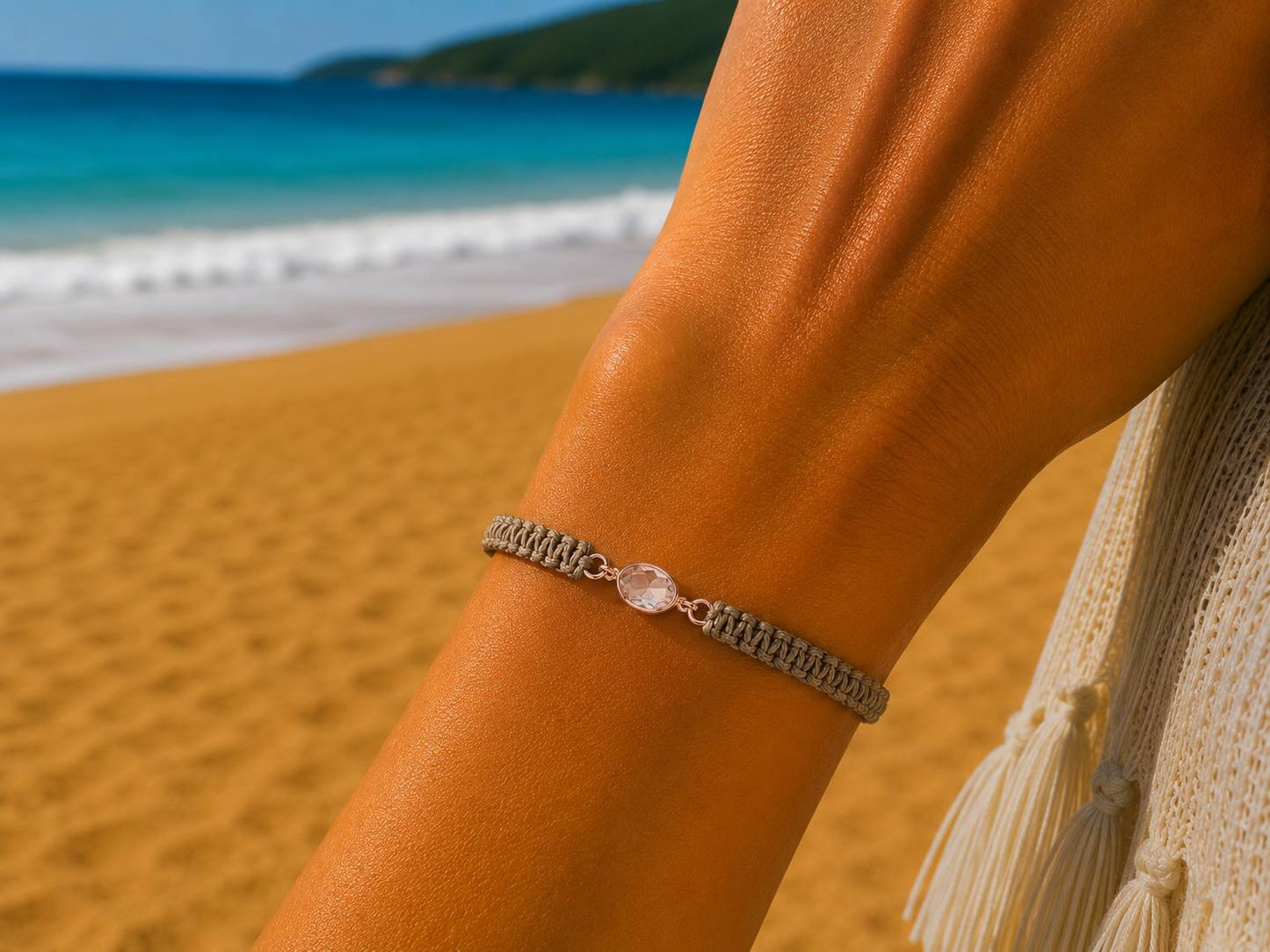 Makramee Armband Kristall Roségold – Funkelndes Wunscharmband aus Edelstahl | Verstellbares Glitzer Armband | Handmade