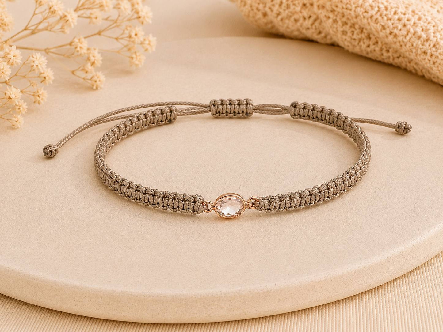 Makramee Armband Kristall Roségold – Funkelndes Wunscharmband aus Edelstahl | Verstellbares Glitzer Armband | Handmade