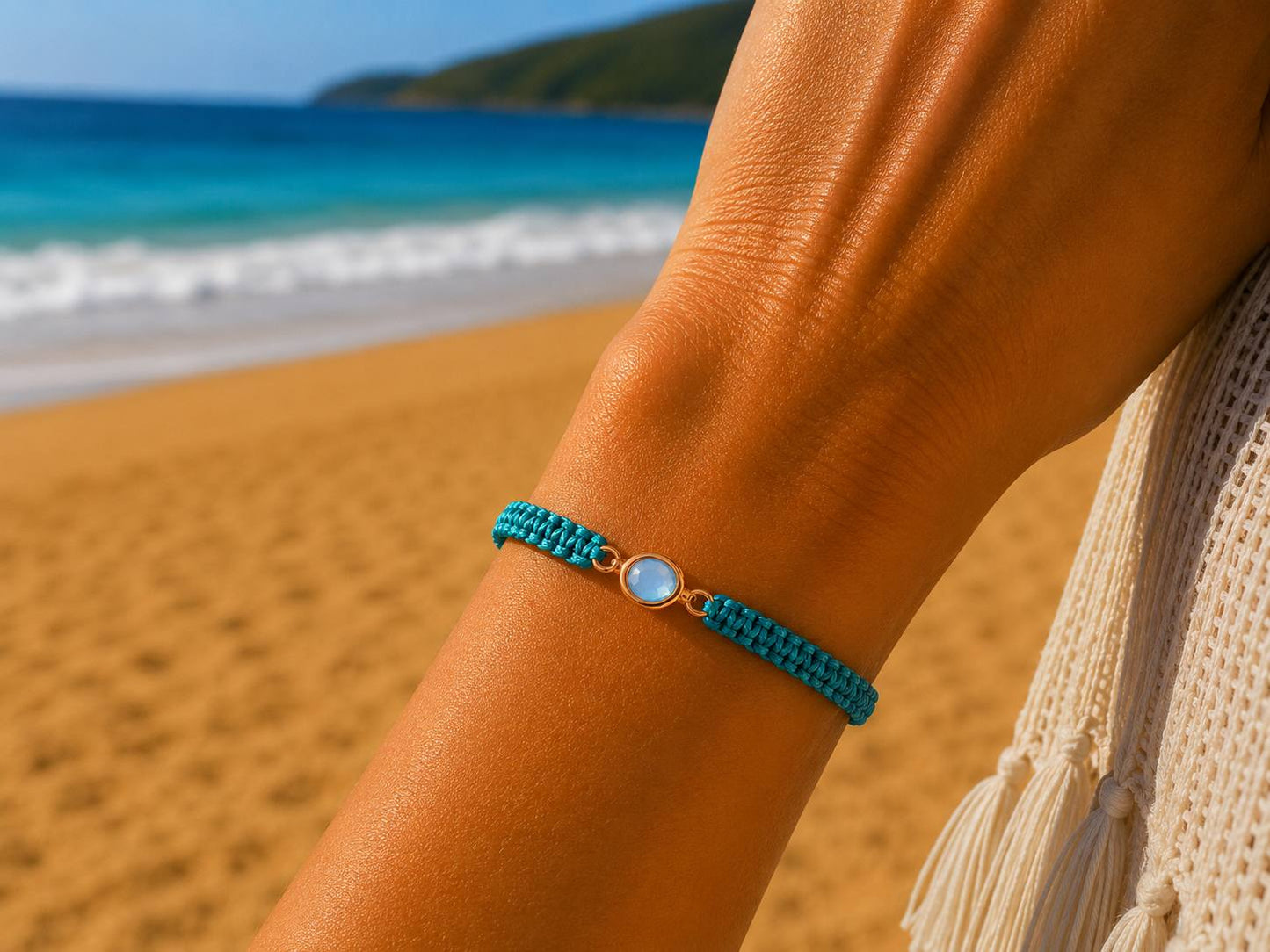 Makramee Armband Kristall Roségold – Wunscharmband mit blauem Kristall aus Edelstahl | Verstellbares Freundschaftsarmband | Handmade