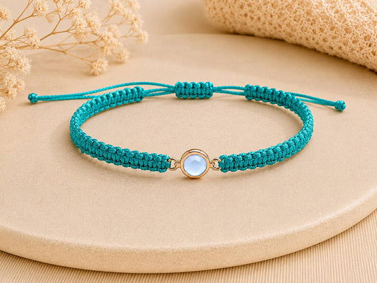 Makramee Armband Kristall Roségold – Wunscharmband mit blauem Kristall aus Edelstahl | Verstellbares Freundschaftsarmband | Handmade