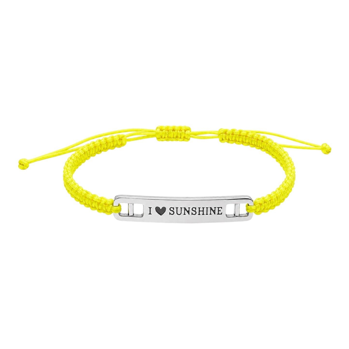 Makramee Armband "I ♥ Sunshine" Silber – Handgefertigtes Wunscharmband aus Edelstahl | Verstellbares Freundschaftsarmband | 38 Bandfarben