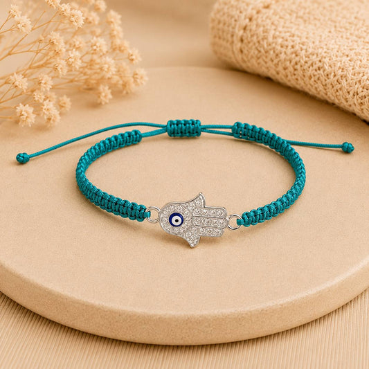 Makramee Armband Fatimas Hand (Hamsa) Silber – Handgefertigtes Wunscharmband aus Edelstahl | Glücksbringer | Verstellbares Freundschaftsarmband | 38 Bandfarben