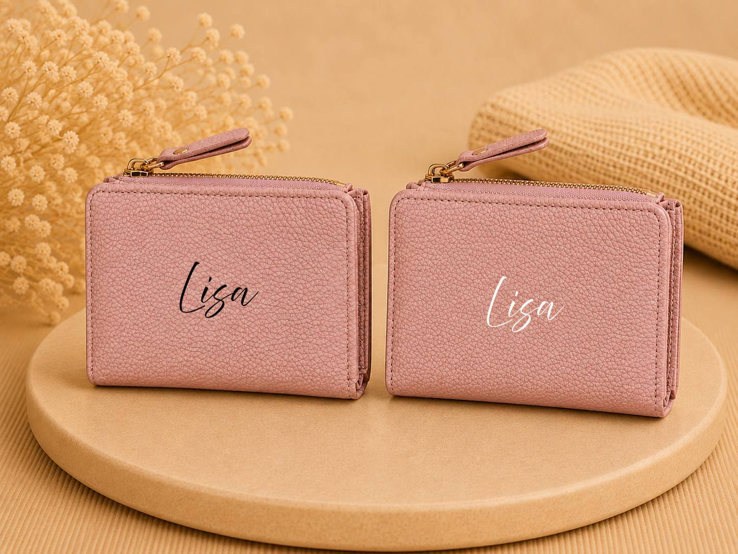 Personalisierte Damen Geldbörse Rosa – Portemonnaie aus Kunstleder mit Namen | Geldbeutel mit Reißverschluss | Individuelles Geschenk