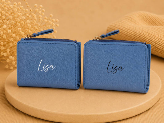 Personalisierte Damen Geldbörse Blau – Portemonnaie aus Kunstleder mit Namen | Geldbeutel mit Reißverschluss | Individuelles Geschenk