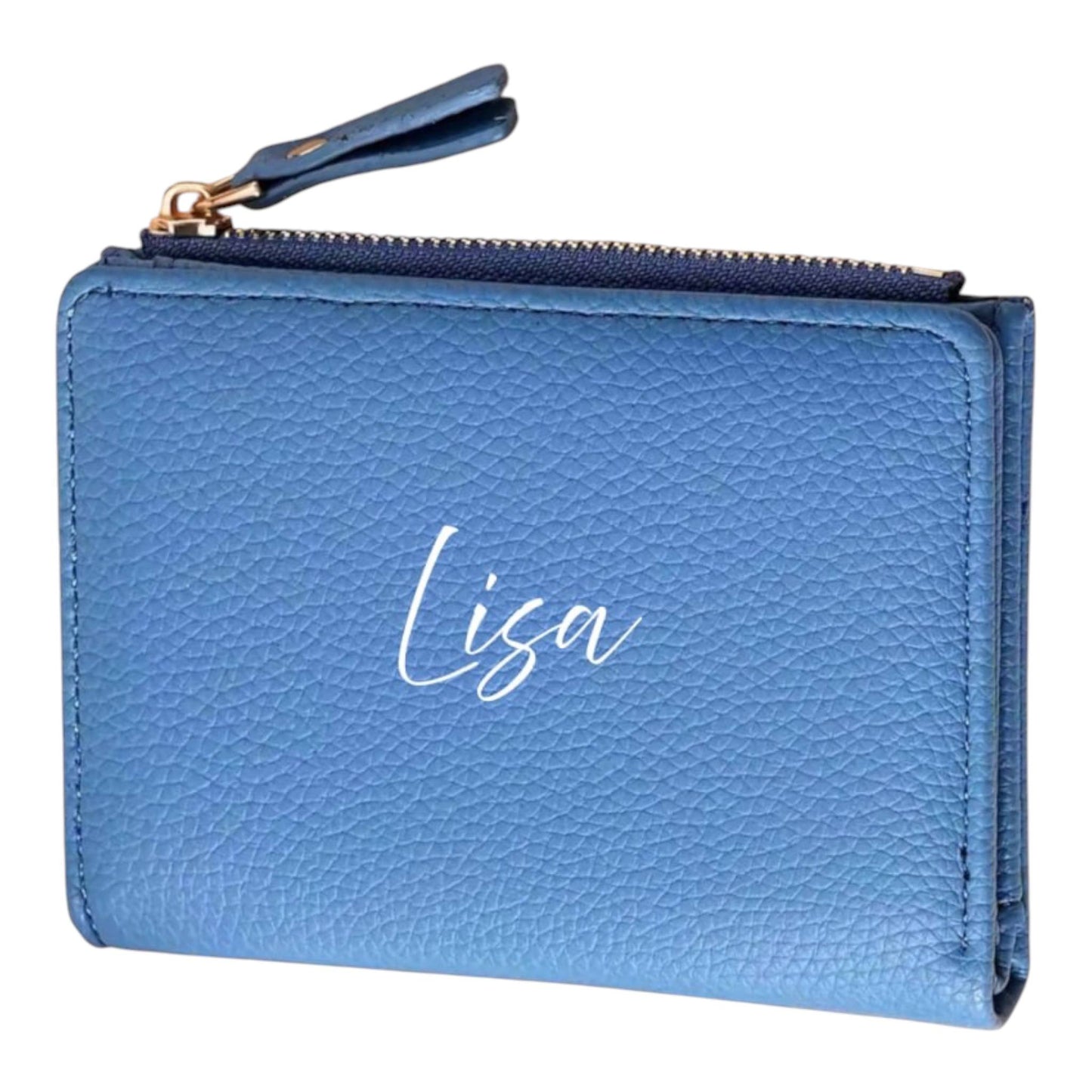 Personalisierte Damen Geldbörse Blau – Portemonnaie aus Kunstleder mit Namen | Geldbeutel mit Reißverschluss | Individuelles Geschenk