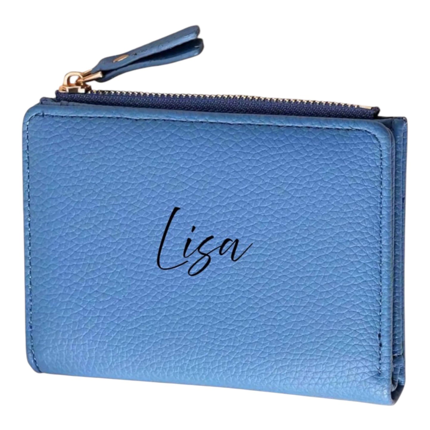 Personalisierte Damen Geldbörse Blau – Portemonnaie aus Kunstleder mit Namen | Geldbeutel mit Reißverschluss | Individuelles Geschenk