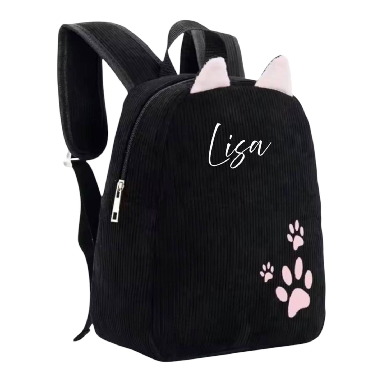 Personalisierter Cord Kinderrucksack Katze Schwarz – Kindergartenrucksack mit Namen | Cordrucksack für Mädchen | Geschenk zur Einschulung