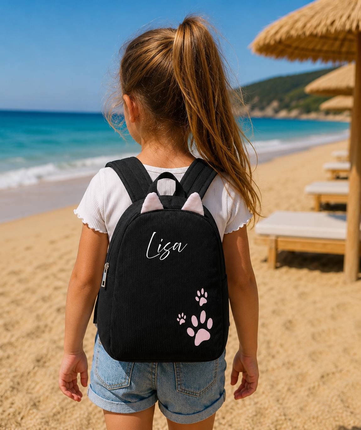 Personalisierter Cord Kinderrucksack Katze Schwarz – Kindergartenrucksack mit Namen | Cordrucksack für Mädchen | Geschenk zur Einschulung