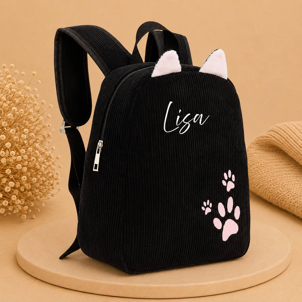 Personalisierter Cord Kinderrucksack Katze Schwarz – Kindergartenrucksack mit Namen | Cordrucksack für Mädchen | Geschenk zur Einschulung