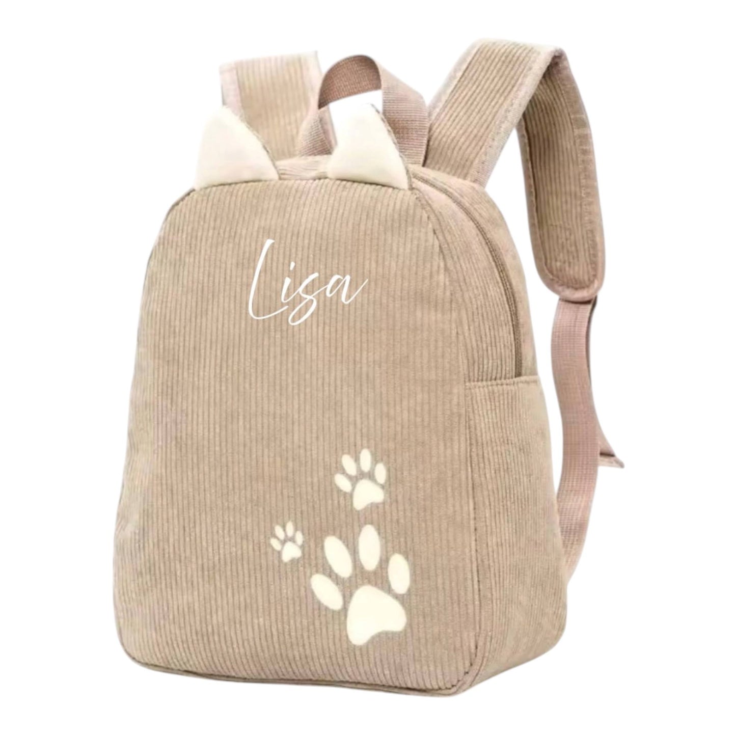 Personalisierter Cord Kinderrucksack Katze Beige – Kindergartenrucksack mit Namen | Cordrucksack für Mädchen | Geschenk zur Einschulung