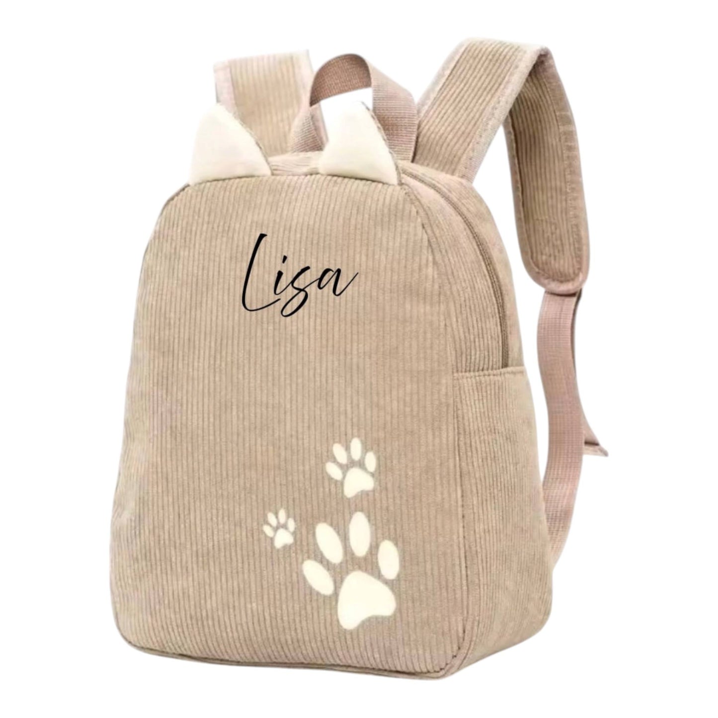 Personalisierter Cord Kinderrucksack Katze Beige – Kindergartenrucksack mit Namen | Cordrucksack für Mädchen | Geschenk zur Einschulung