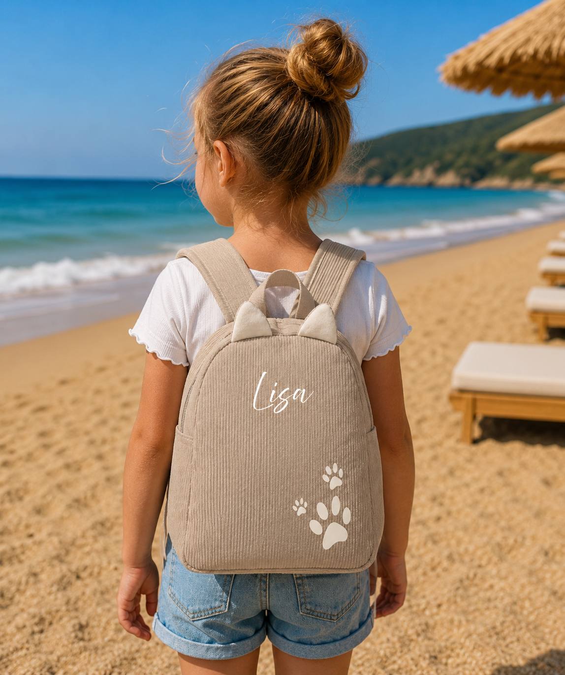 Personalisierter Cord Kinderrucksack Katze Beige – Kindergartenrucksack mit Namen | Cordrucksack für Mädchen | Geschenk zur Einschulung