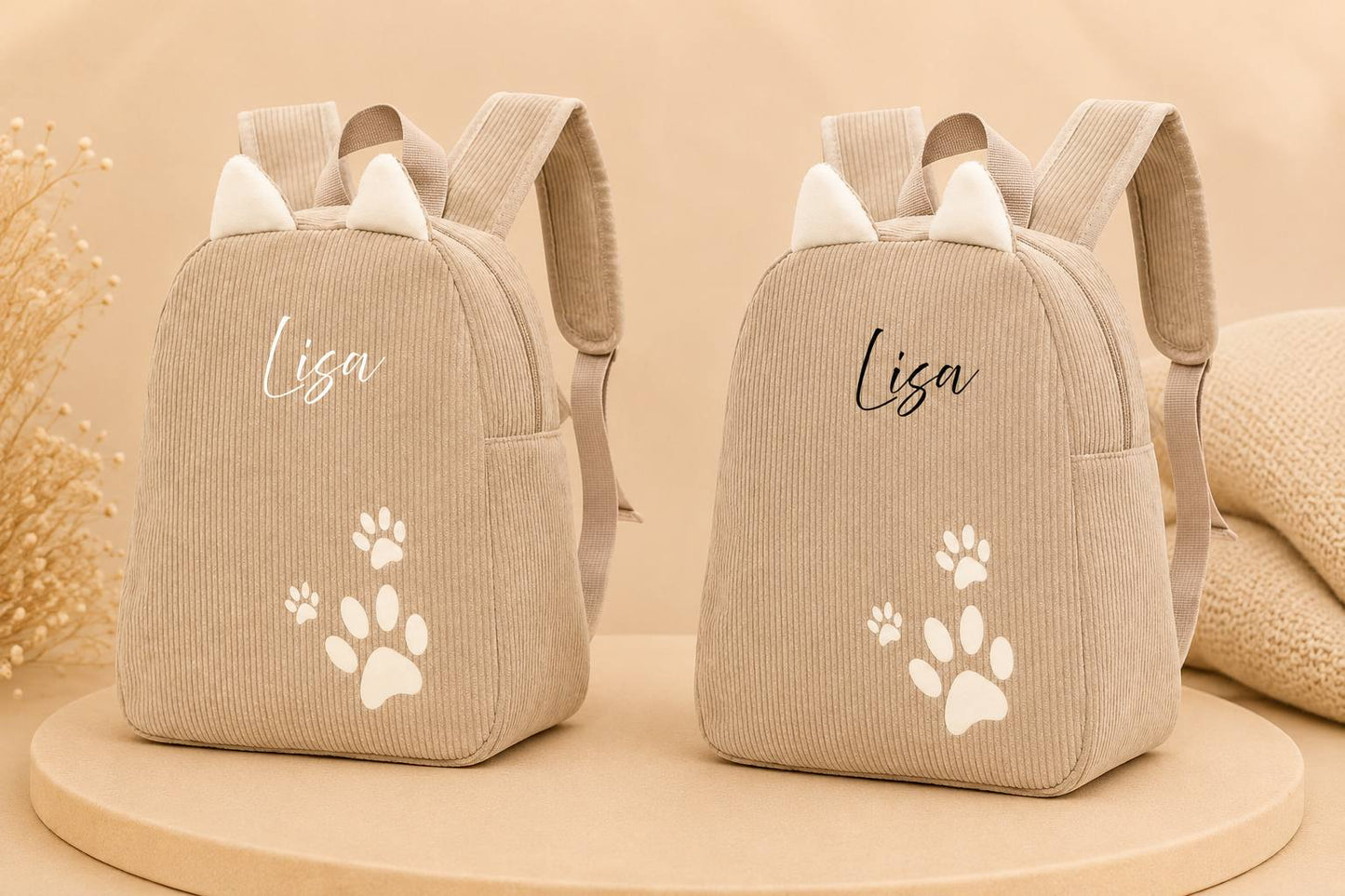 Personalisierter Cord Kinderrucksack Katze Beige – Kindergartenrucksack mit Namen | Cordrucksack für Mädchen | Geschenk zur Einschulung