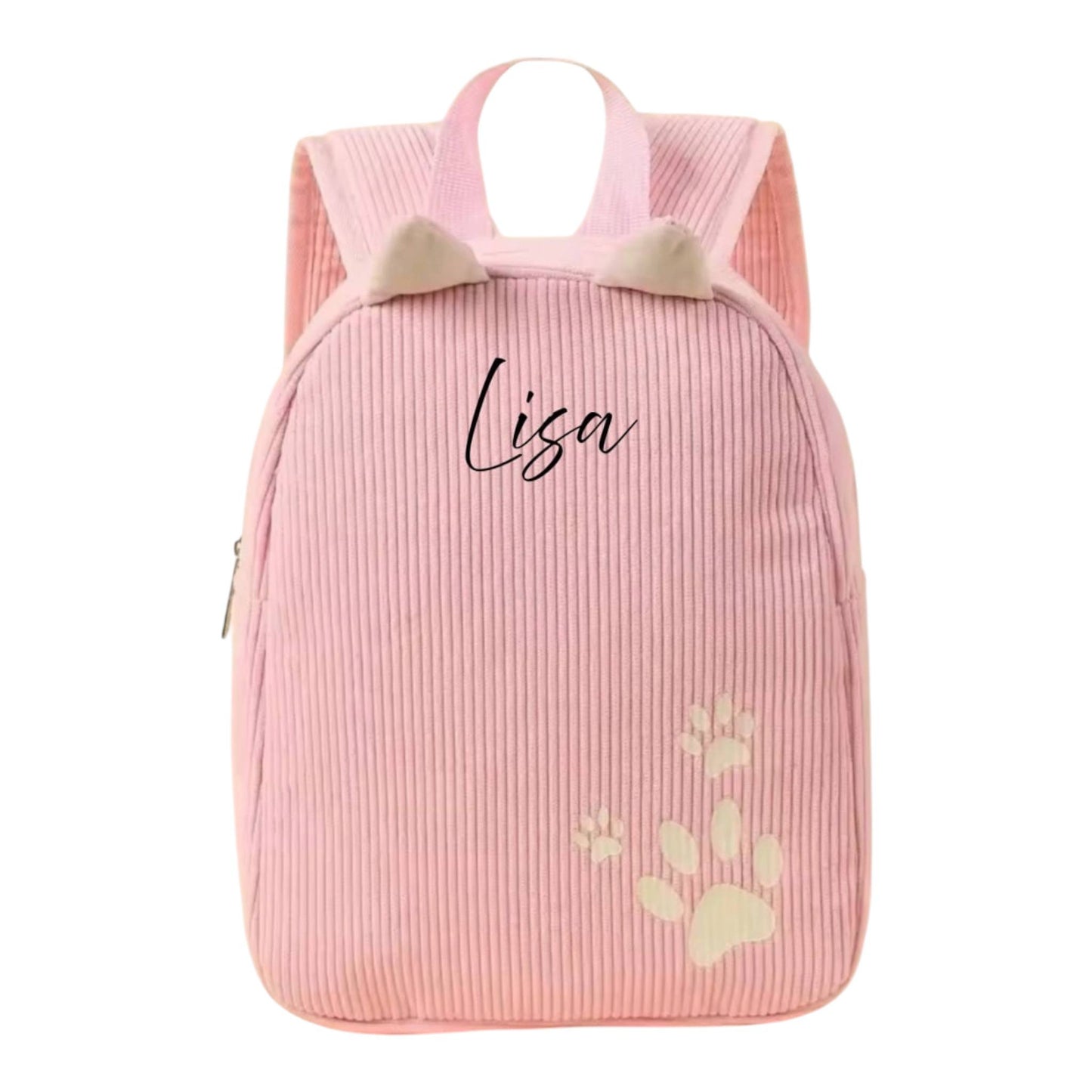 Personalisierter Cord Kinderrucksack Katze Rosa – Kindergartenrucksack mit Namen | Cordrucksack für Mädchen | Geschenk zur Einschulung
