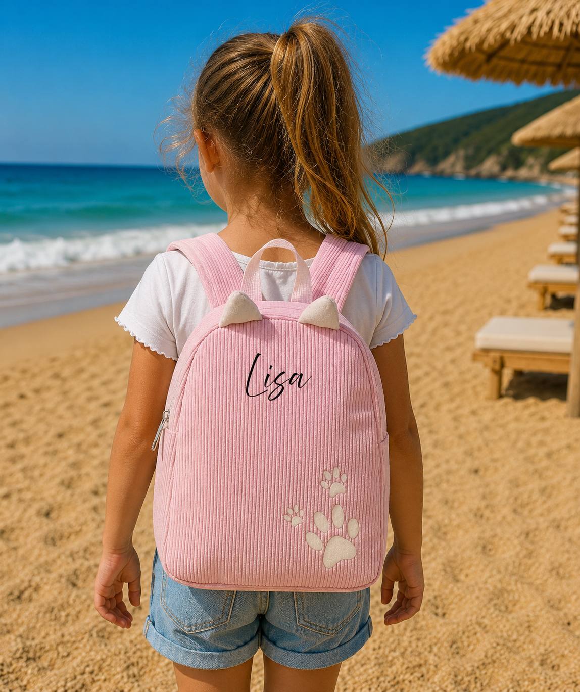 Personalisierter Cord Kinderrucksack Katze Rosa – Kindergartenrucksack mit Namen | Cordrucksack für Mädchen | Geschenk zur Einschulung