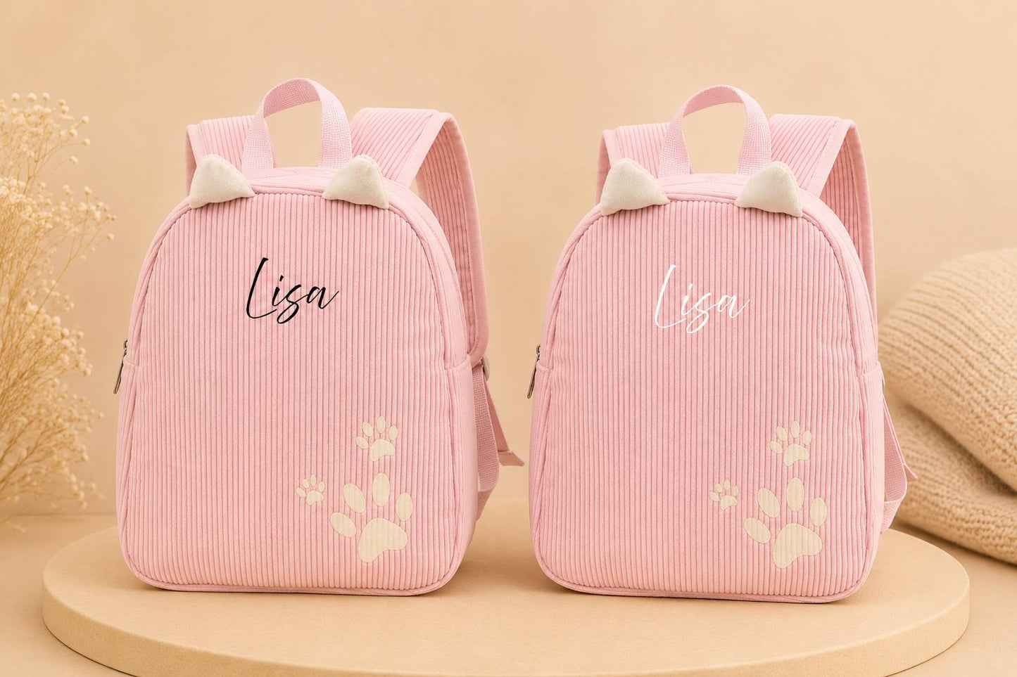 Personalisierter Cord Kinderrucksack Katze Rosa – Kindergartenrucksack mit Namen | Cordrucksack für Mädchen | Geschenk zur Einschulung