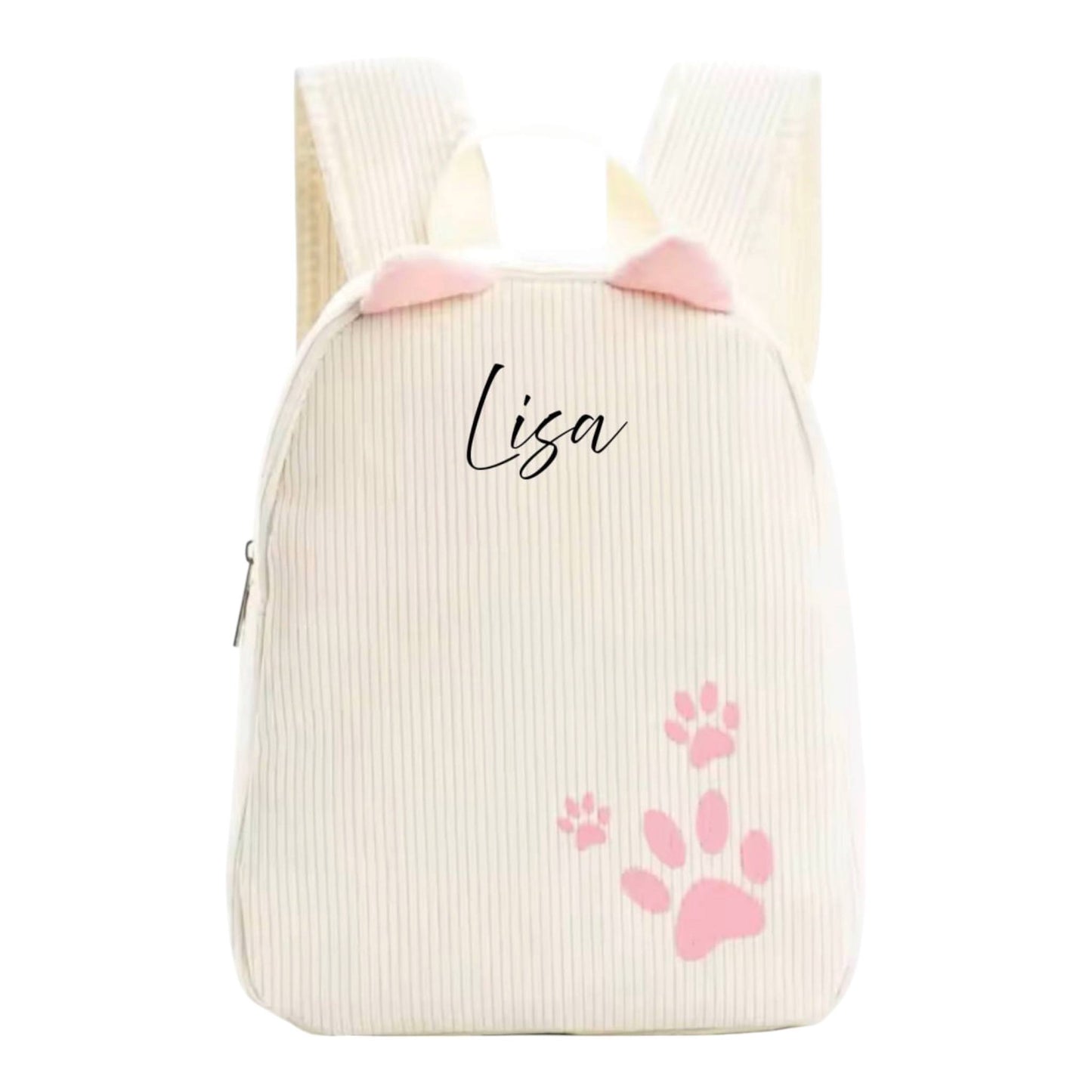 Personalisierter Cord Kinderrucksack Katze Weiß– Kindergartenrucksack mit Namen | Cordrucksack für Mädchen | Geschenk zur Einschulung