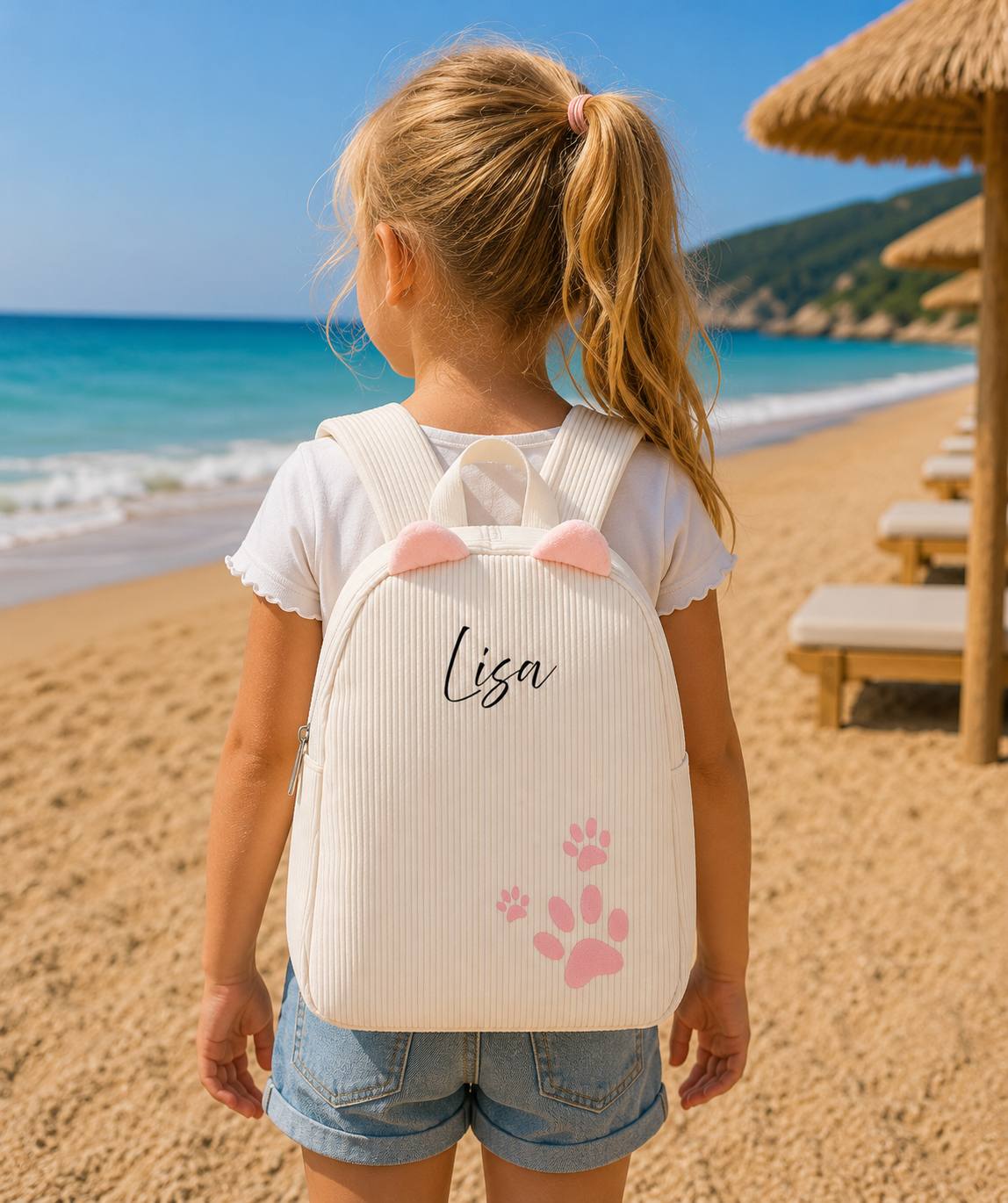 Personalisierter Cord Kinderrucksack Katze Weiß– Kindergartenrucksack mit Namen | Cordrucksack für Mädchen | Geschenk zur Einschulung