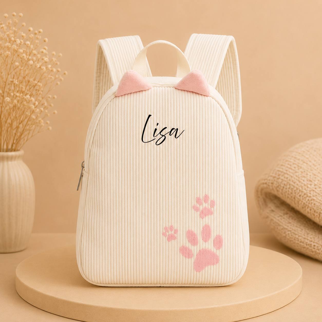 Personalisierter Cord Kinderrucksack Katze Weiß– Kindergartenrucksack mit Namen | Cordrucksack für Mädchen | Geschenk zur Einschulung